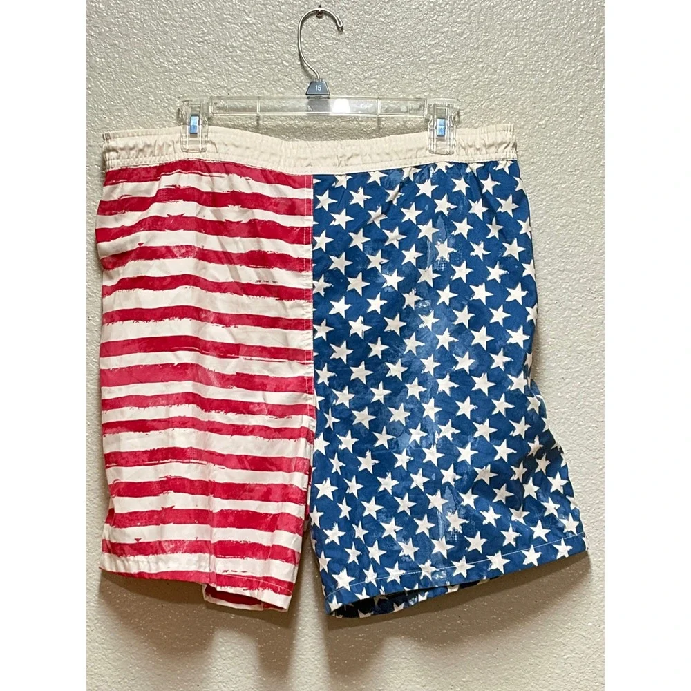 RS Surf Mens American Flag Swim Trunks XL Stars and Stripes Board Shorts Blue